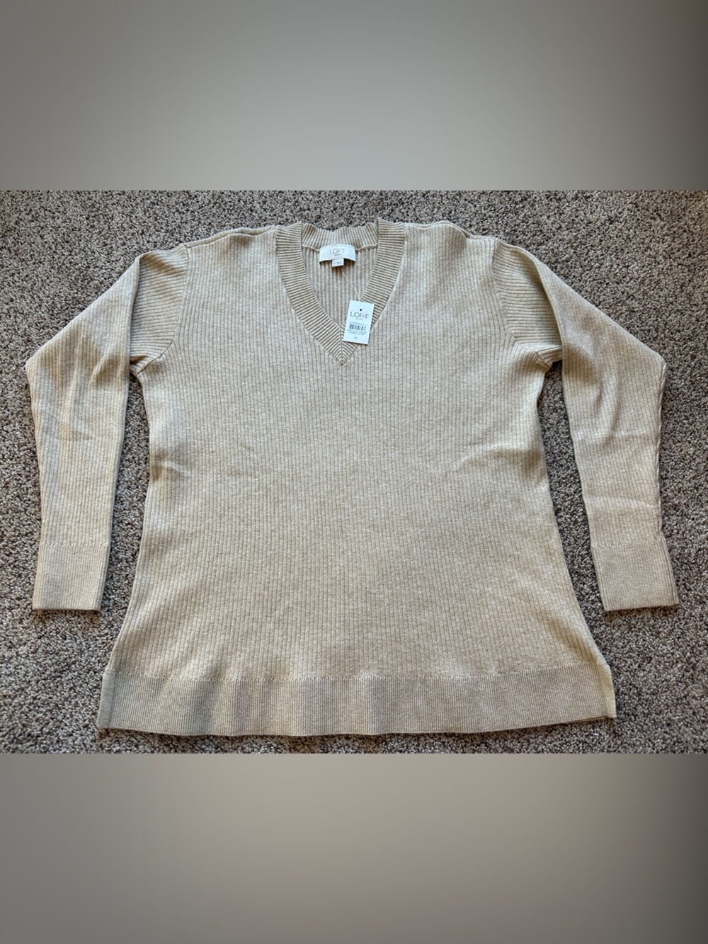 LOFT Beige Ribbed V-Neck Long Sleeve Sweater - Women's casual neutral